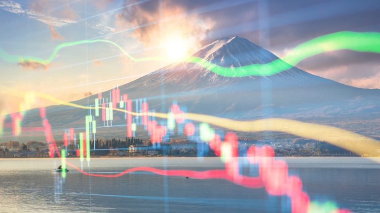 Investment and banking theme with Fuji mountain and Kawaguchiko lake in morning, Autumn seasons Fuji mountain at yamanachi in Japan.