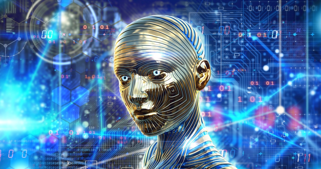 Concept of a AI and ethics a artificial intelligence, processing neurological data, cloud, humanoid replacement, 3d render