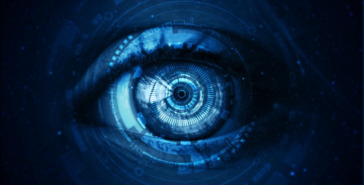 Close up of eye with hi tech digital technology screen. Media regulation in the metaverse concept.