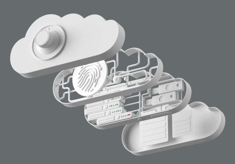 Digital generated image of futuristic clouds technology made of white plastic on gray background