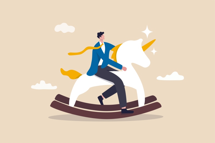 Unicorn start up, winner creative idea to earn money and make profit in real life concept, smart success businessman company founder or billionaire investor riding unicorn rocking horse into the sky.