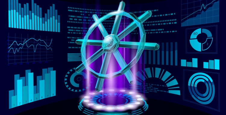 Wheel helm computer developer app concept. Business digital open source program. Data coding steering 3D low polygonal